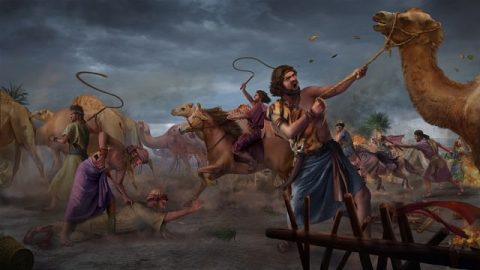 Satan tente Job pour la première fois (son bétail est volé et la calamité frappe ses enfants)