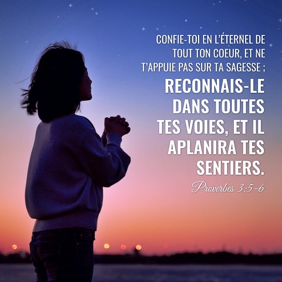 Proverbes 3:5-6 Confie-toi en l’Éternel de tout ton coeur, Et ne t’appuie pas sur ta sagesse ; Reconnais-le dans toutes tes voies, Et il aplanira tes sentiers. 